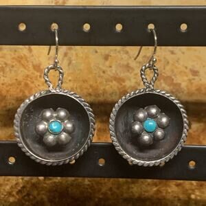 Artisan Vintage Sterling Silver & Turquoise Shadowbox Earrings w/ Flower Center
